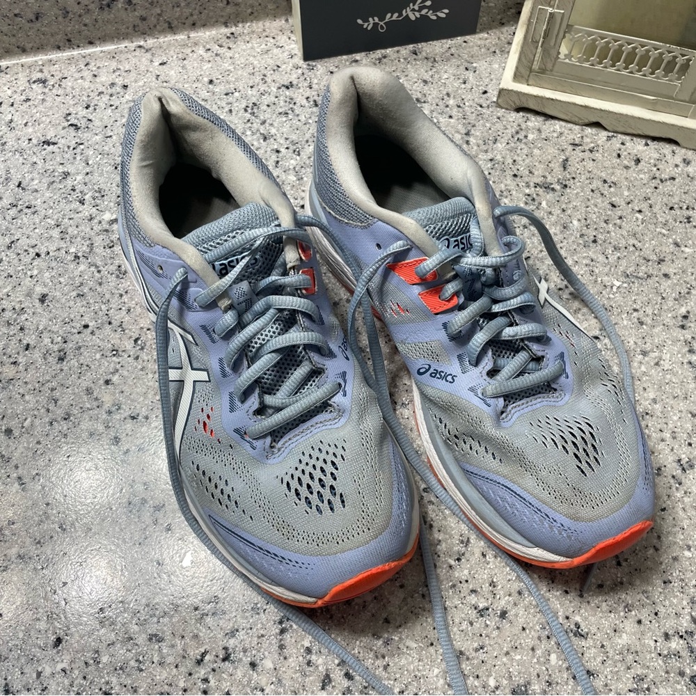 Baby Blue and Orange Asics Tennis Shoes